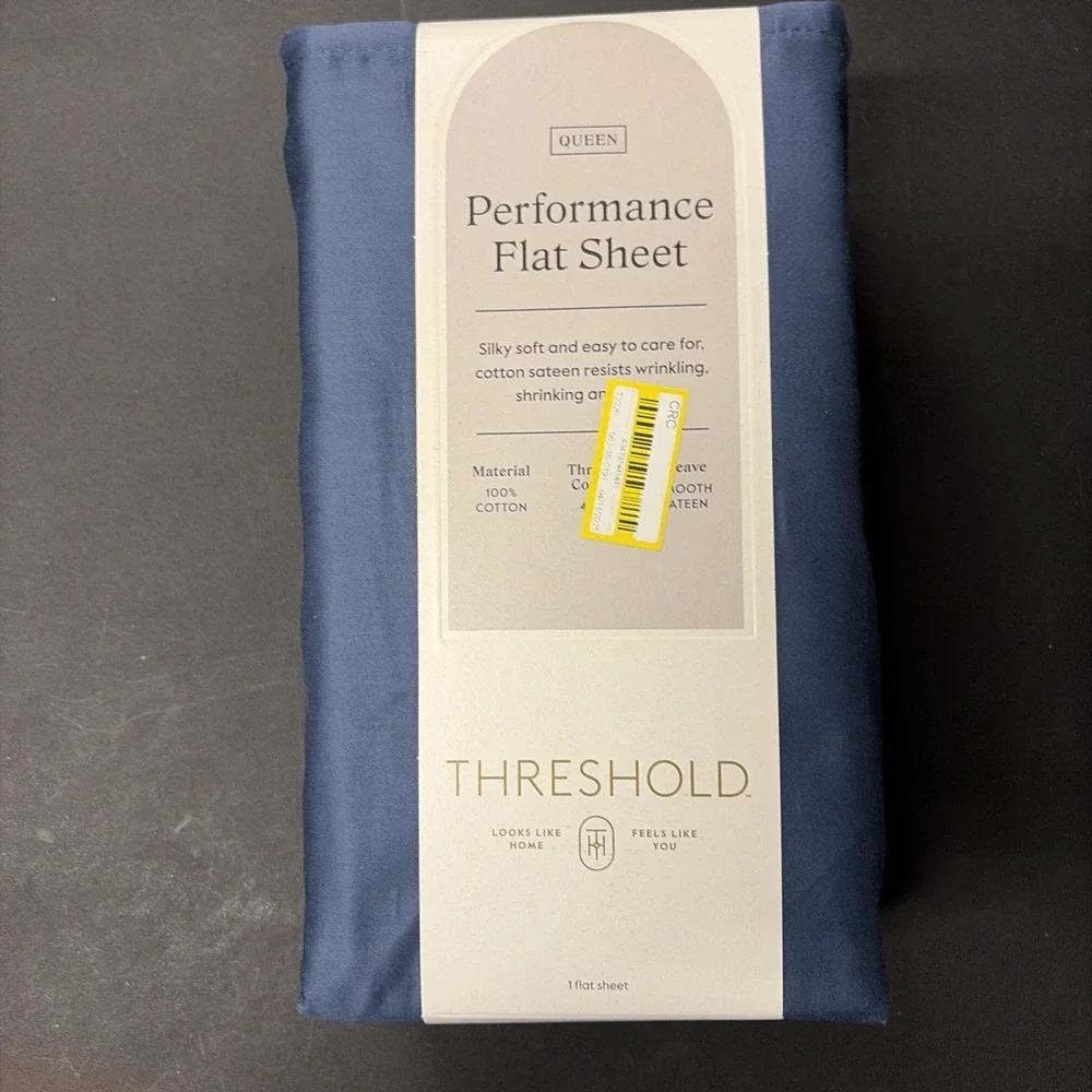 Threshold Performance Cotton Sateen QUEEN Flat Sheet Blue 400 TC Smooth 20571